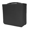 Black Oxford fabric CD organiser with zipper closure and top hand strap for media storage