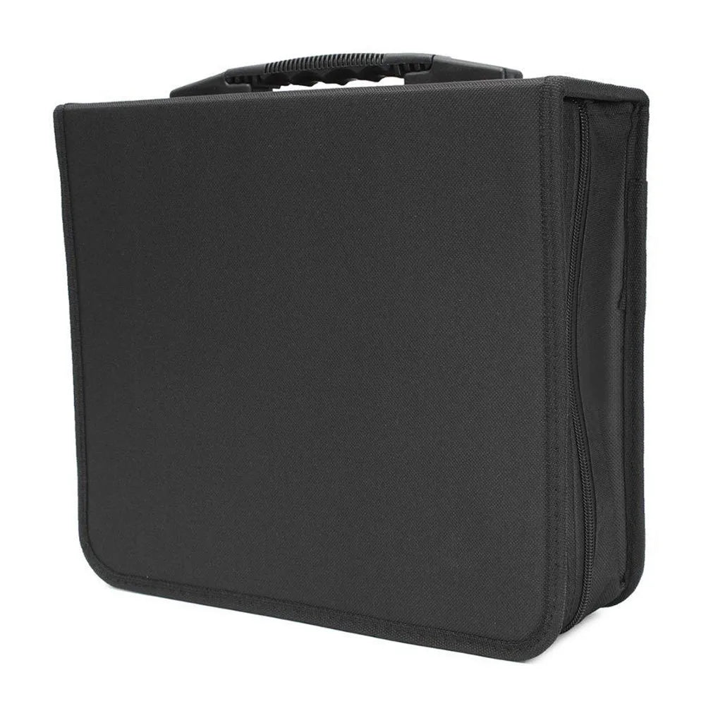 Black Oxford fabric CD organiser with zipper closure and top hand strap for media storage