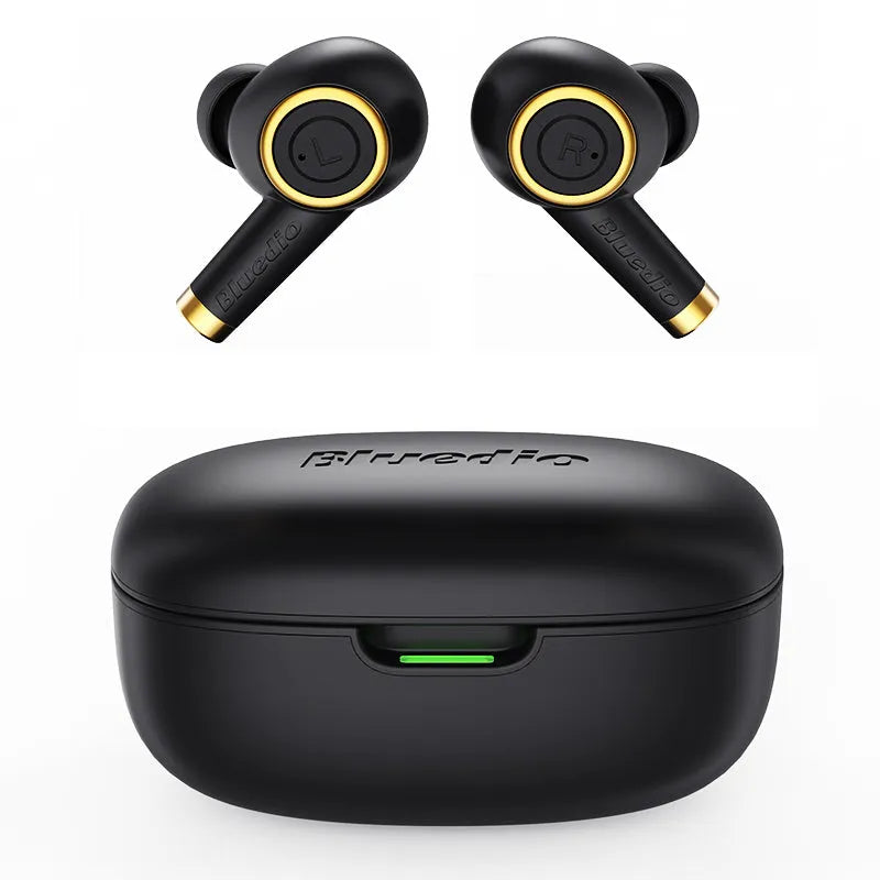 Black true wireless sports headphones with silicone earplugs and a USB Type-C charging cable.