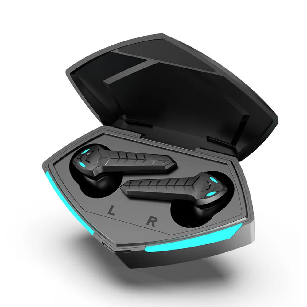 X15 black wireless in-ear Bluetooth headphones with charging case and cable.