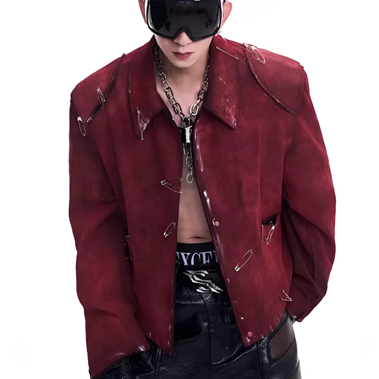 Red men's quilted jacket with decorative flocking pins and lapel collar in loose-fit style