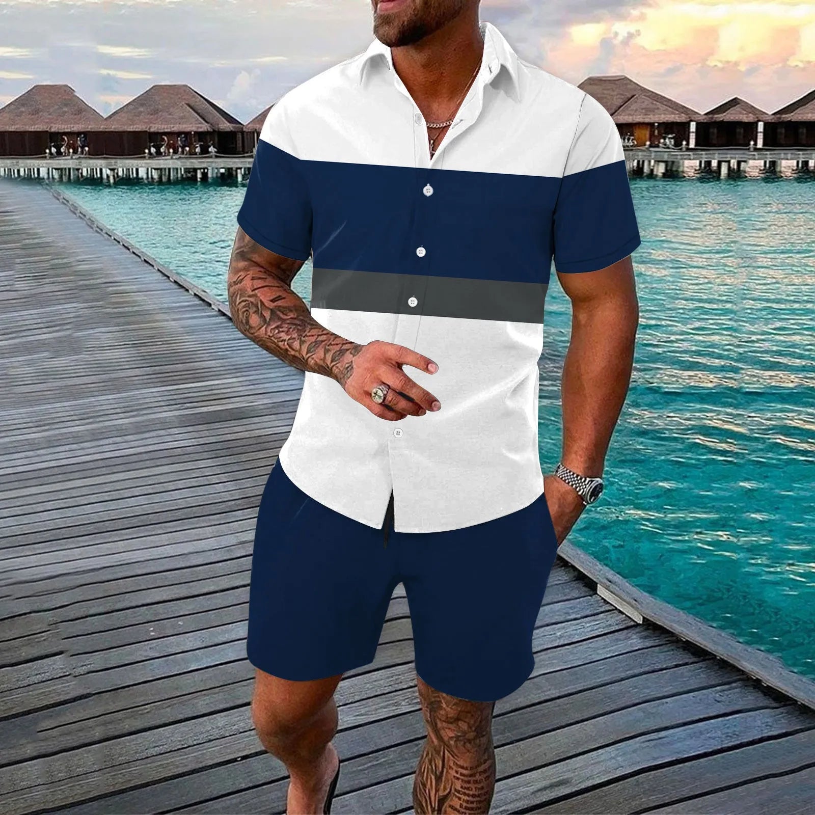 Men's summer cardigan lapels shirt outfit with colour-matching pattern in ZC-7801 style, polyester fabric, multiple sizes available