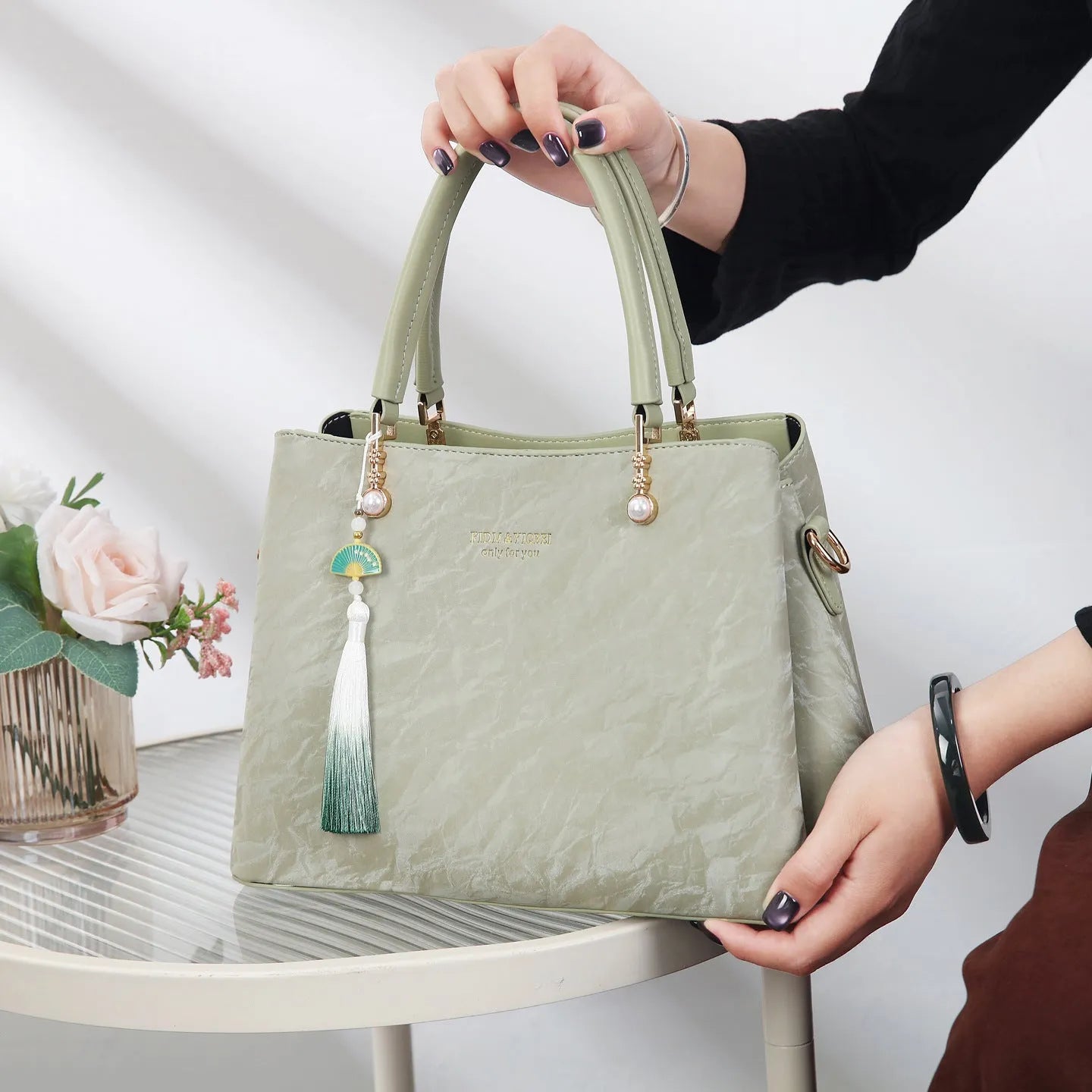 Women's PU shoulder bag in horizontal square shape with slit pocket, available in beige, black, green or red ethnic colours