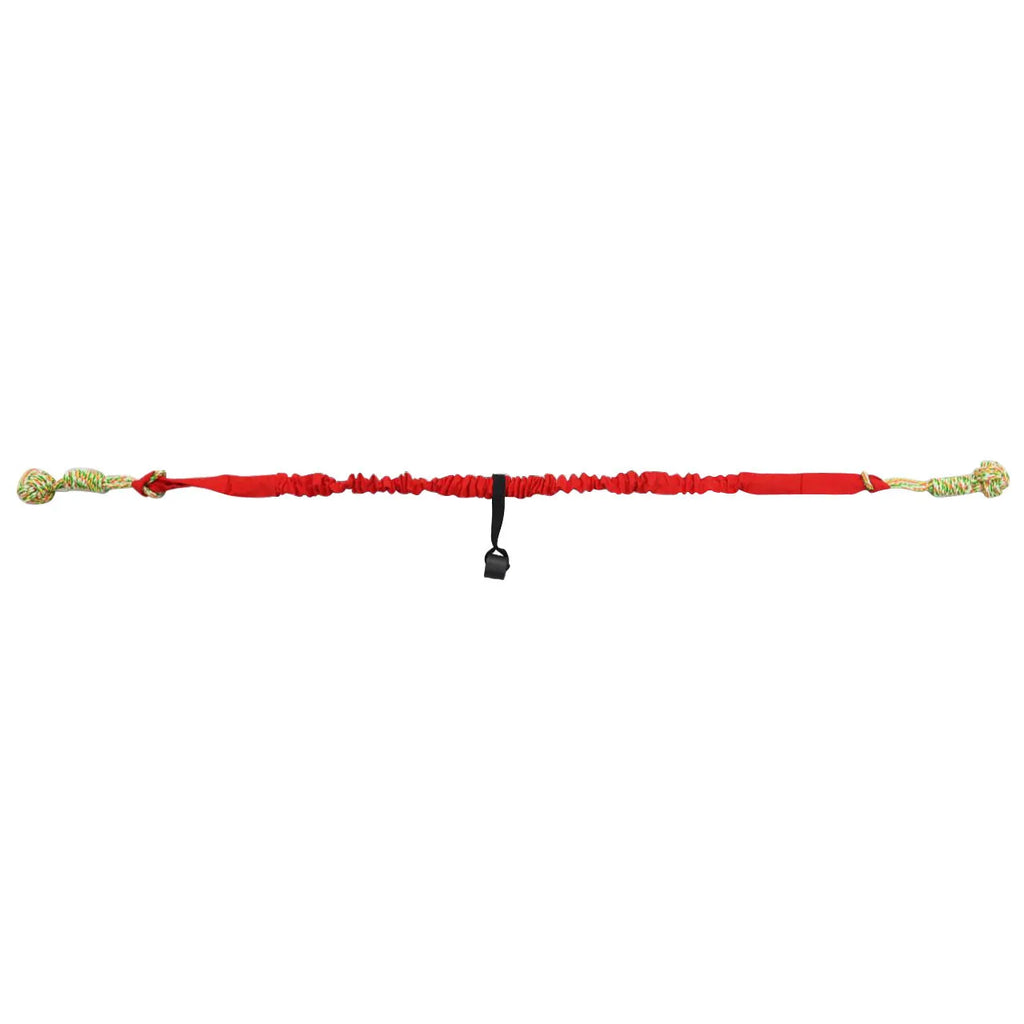 A woven cotton rope dog toy for tug of war and chewing, shown in black, grey, and red.