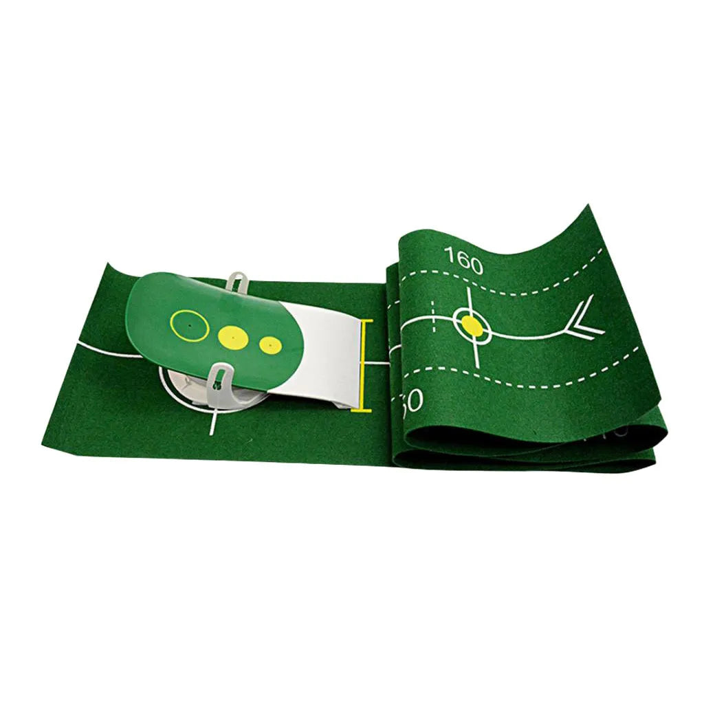 Precision putter exerciser with green non-woven push rod blanket 230cm length and simulator on wooden floor