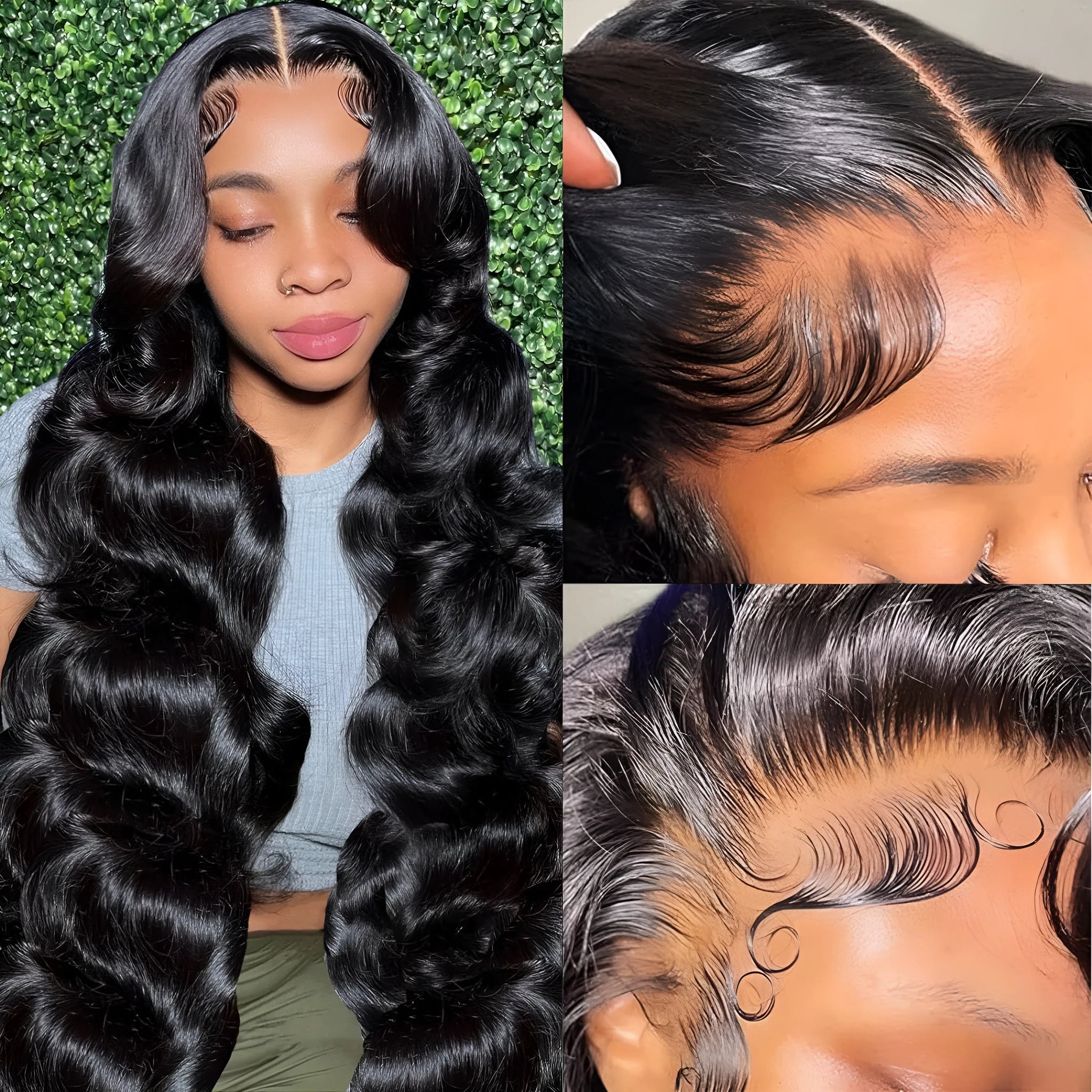 Black long curly synthetic wig on a stand showing 22-inch waves and full-head coverage