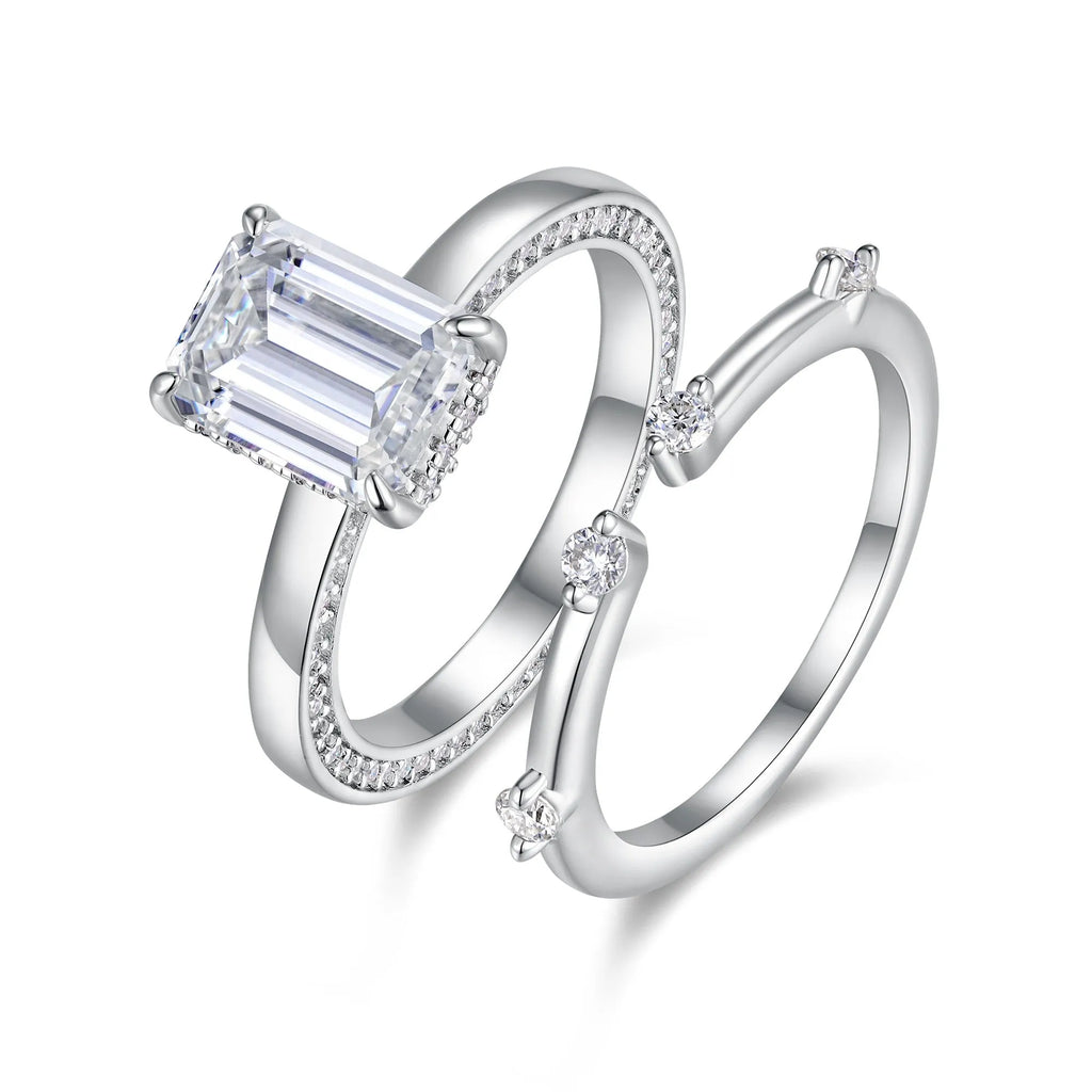 Star Eye octagonal 7x9mm moissanite ring platinum plated S925 silver on white background