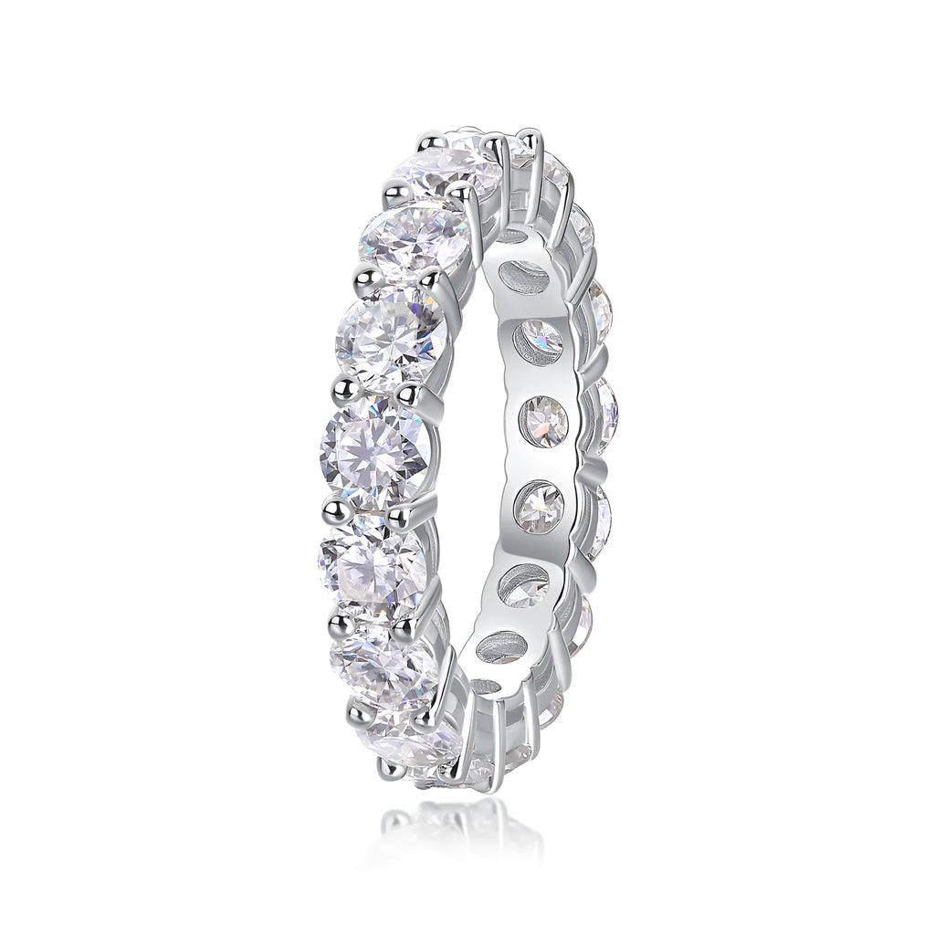Starlight moissanite wedding ring set in S925 silver platinum plated on display in gift box, available in yellow gold and rose gold