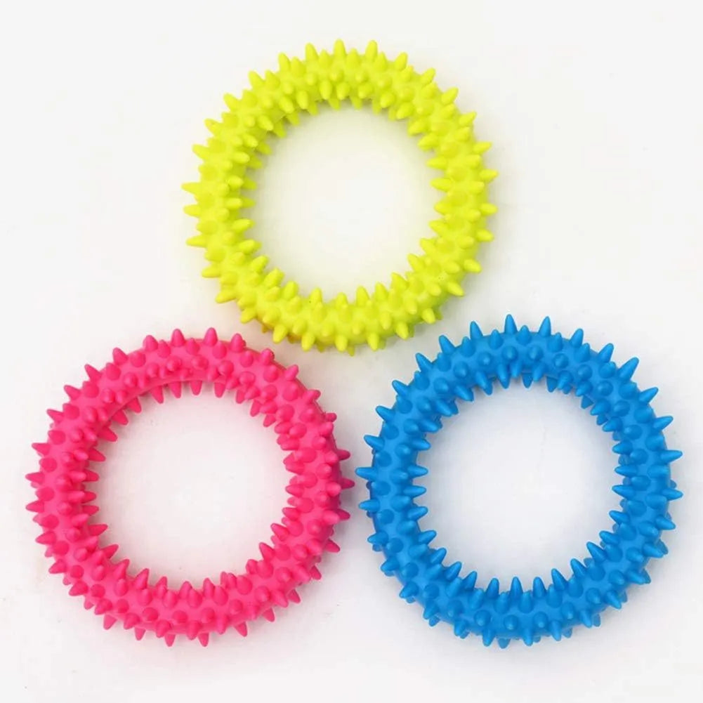 Blue spiky circle ring dog chew toy made from TPR for dental cleaning and bite training