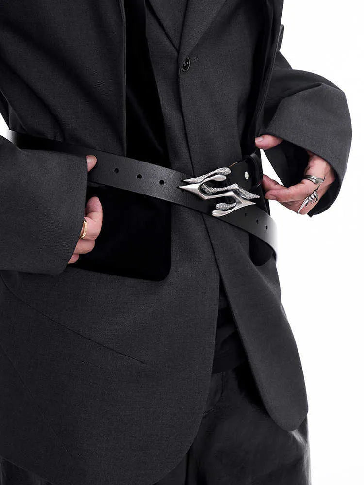 Black cowhide leather men's belt with metal buckle, shown at 110cm length