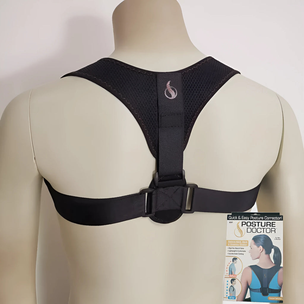 Adjustable clavicular posture correction belt with shoulder straps on a colour box.