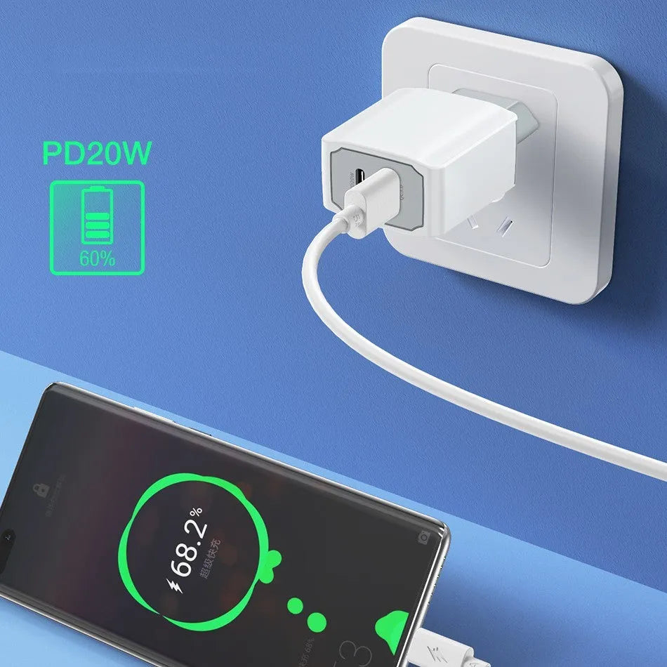 White universal phone fast charger set with compact fireproof charging head and cable.