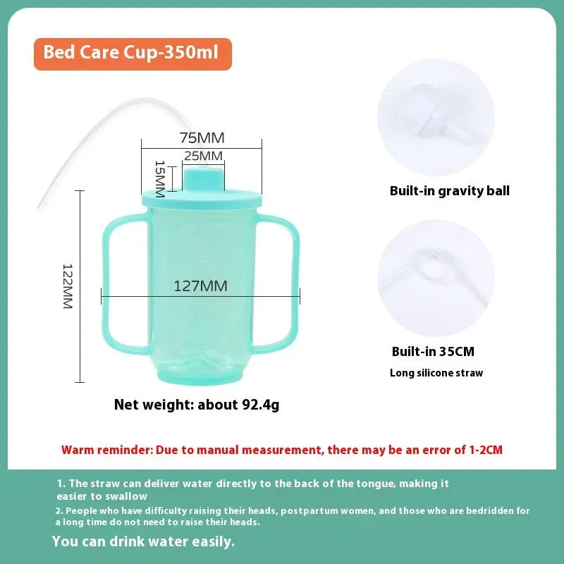 Oblique mouth choke-proof drinking cup with handle and lid, shown in bed care setting.