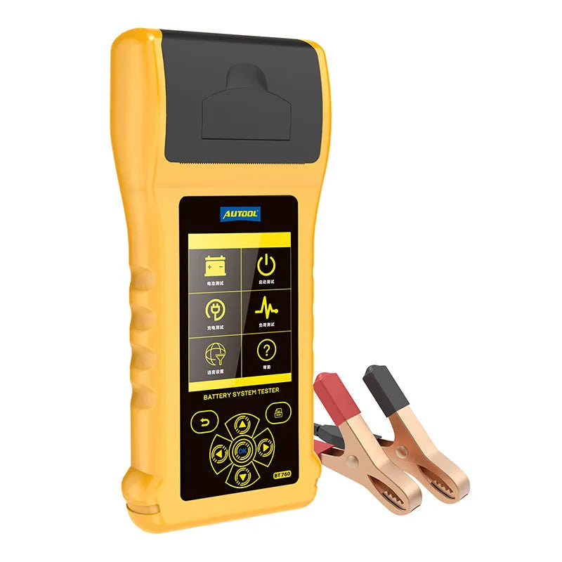 Autool BT760 vehicle battery tester with colour screen, connection clips, and thermal printer.
