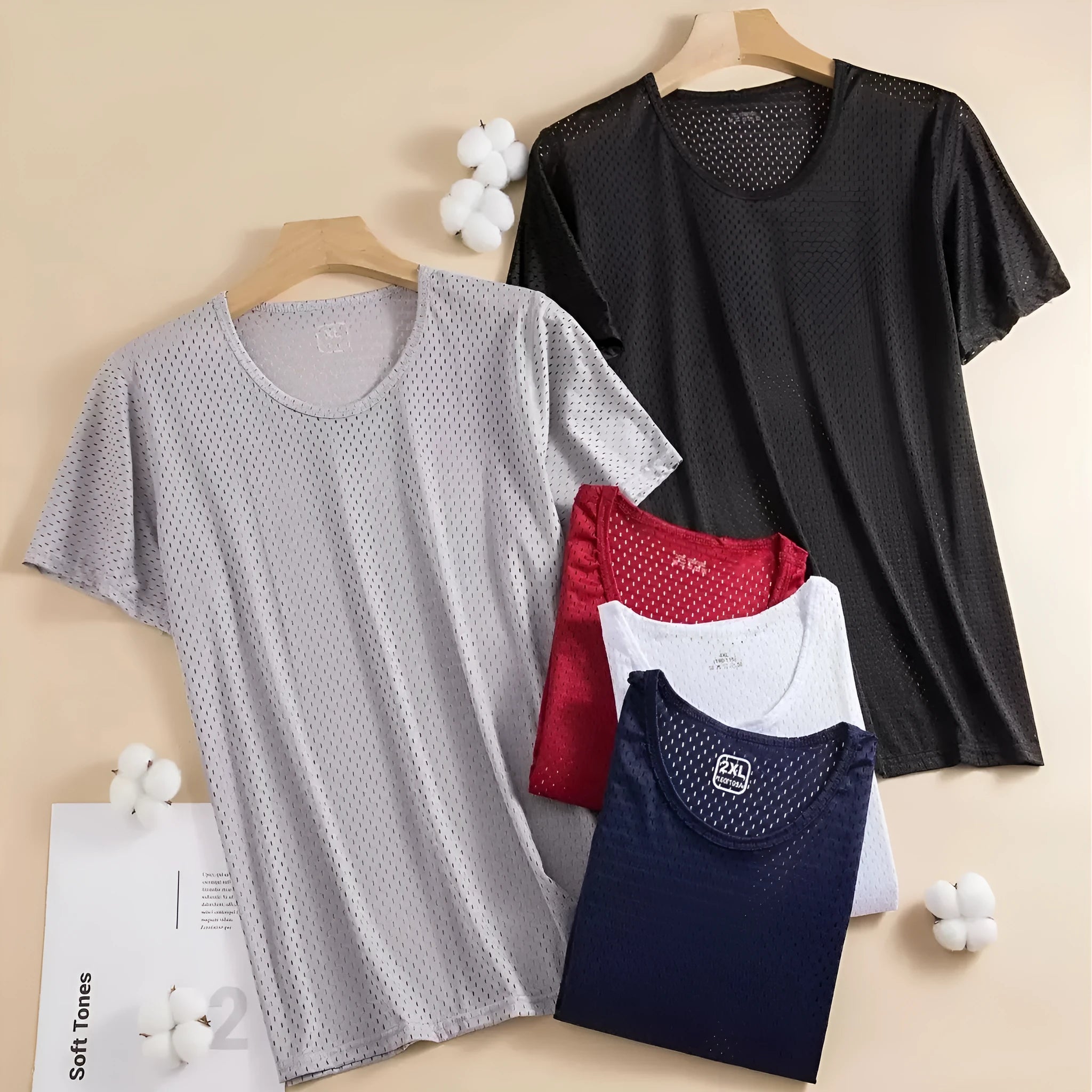 Ice silk men's short sleeve crew neck t-shirt in ultra-thin mesh fabric showing quick-dry summer properties