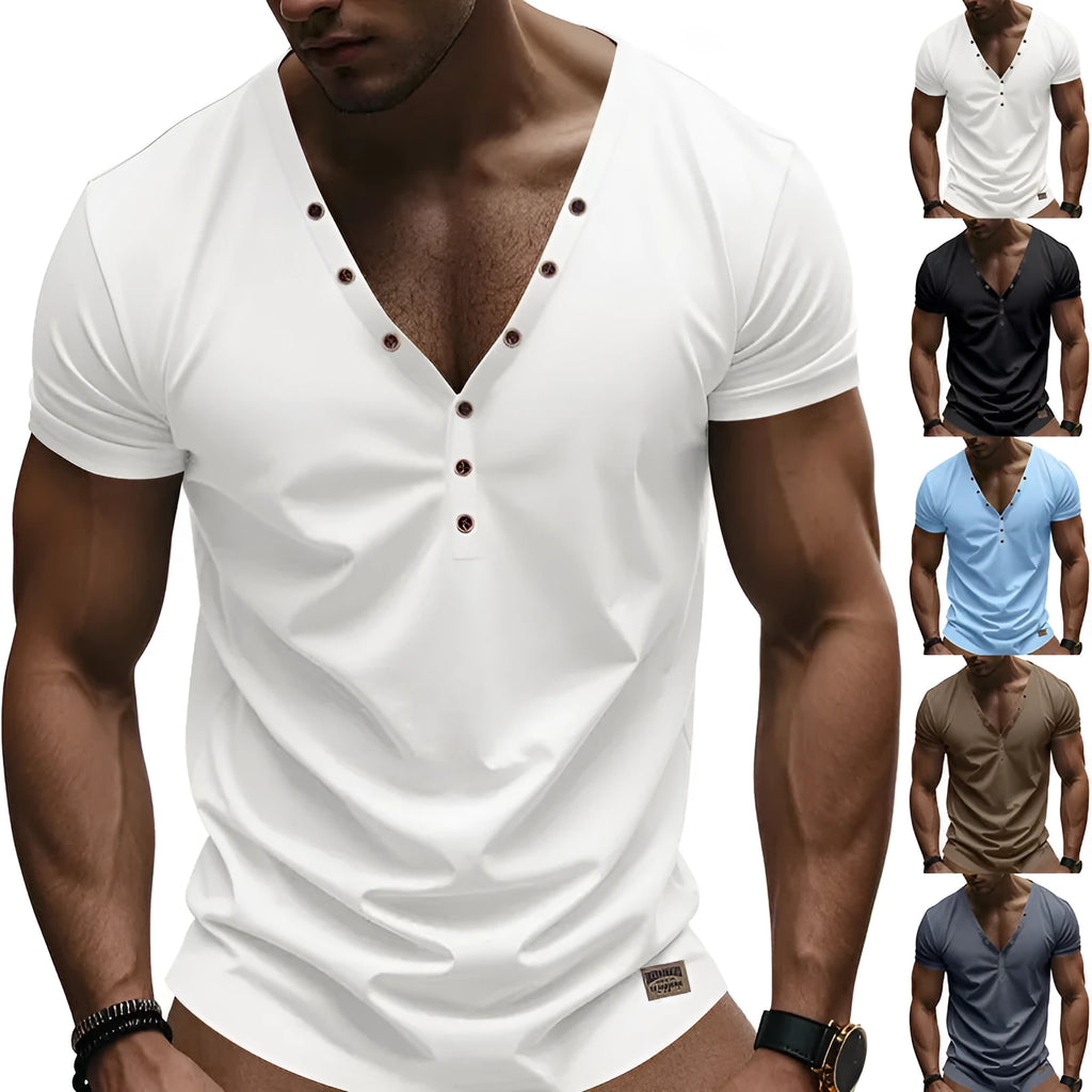 Men's loose V-neck sports pullover in solid colours with button detailing