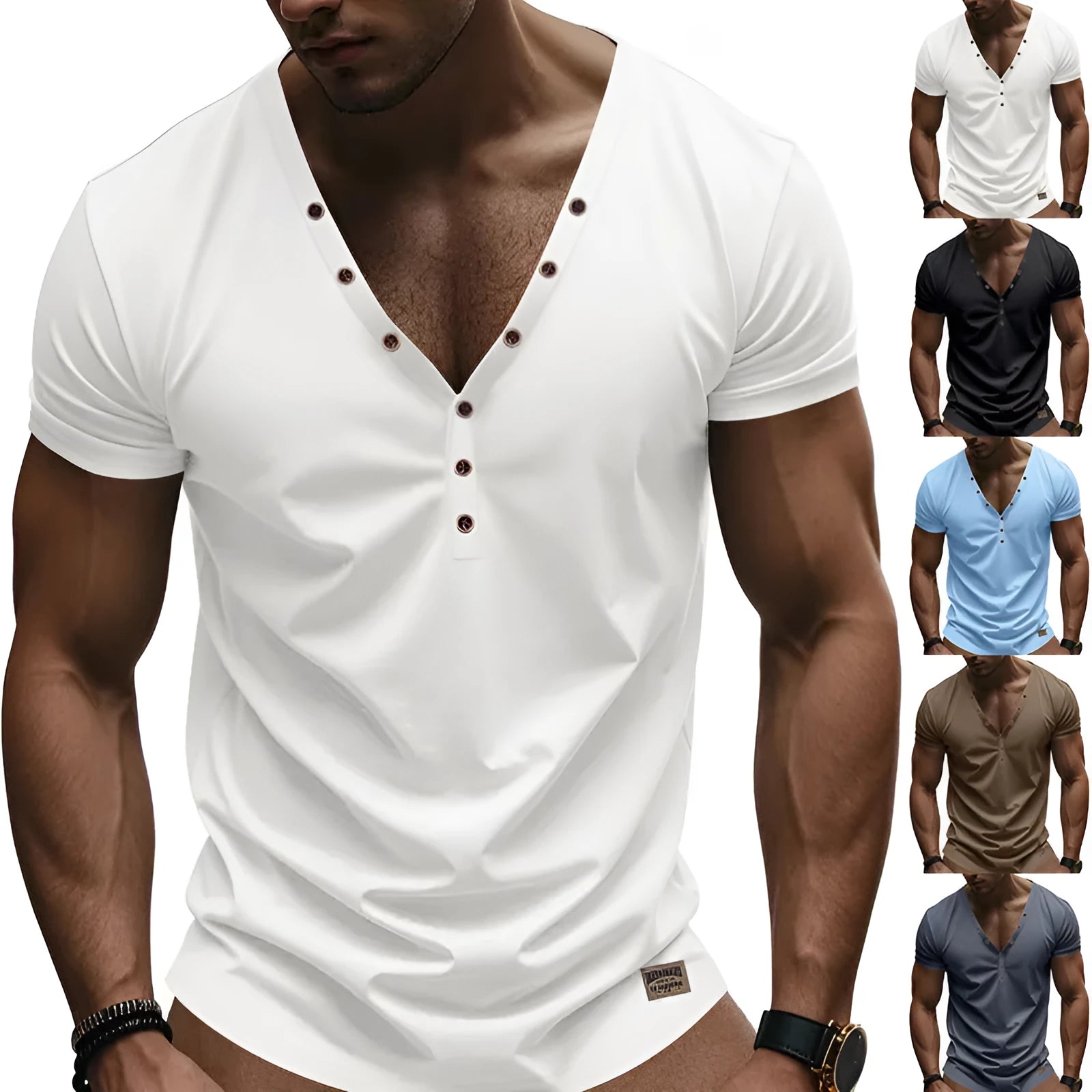 Men's loose V-neck sports pullover in solid colours with button detailing