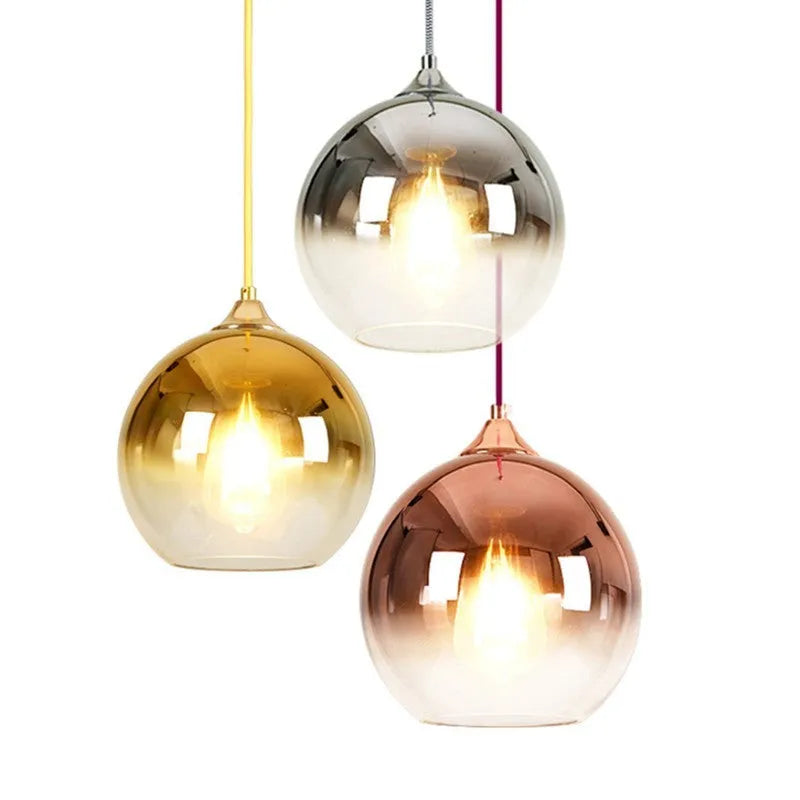 Glass gradient ball chandelier with gold finish, adjustable height, ceiling mounted for bedroom or bar use