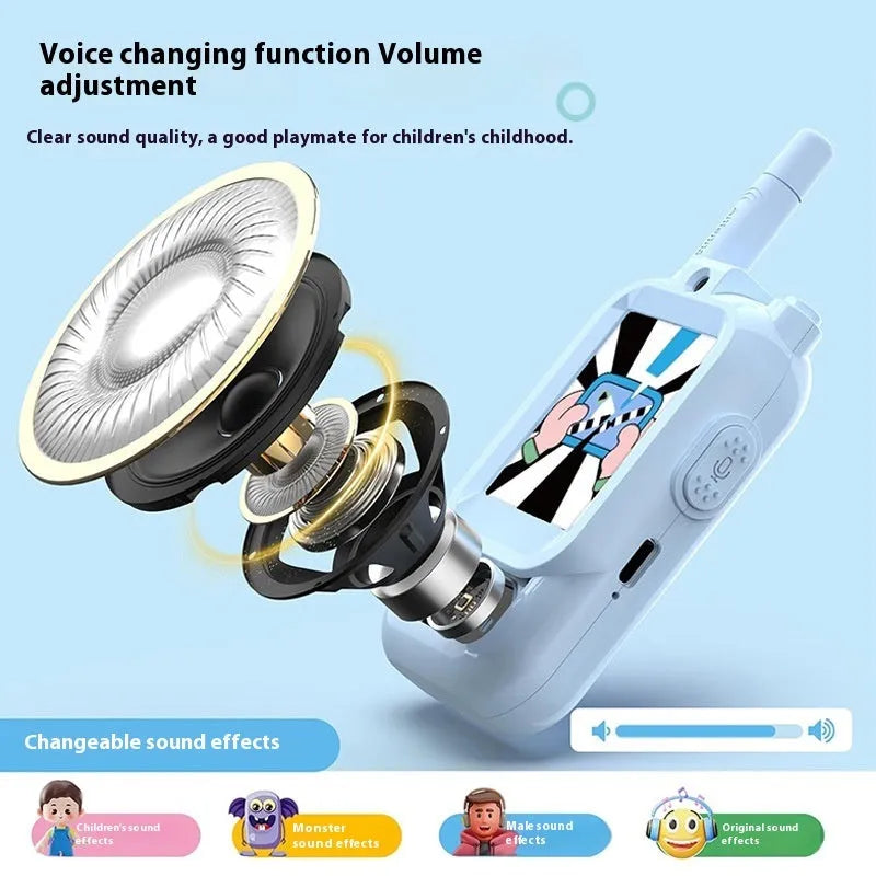 Two mini video walkie talkies for kids in pink and blue with 2.0 inch screen and charging cable