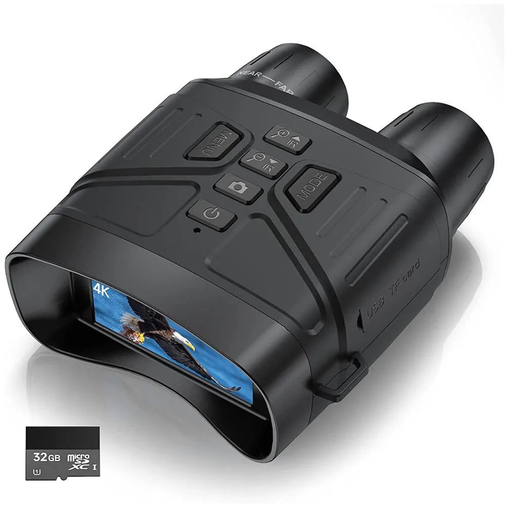 Black or camouflage 4K night vision instrument with display screen showing night vision footage.