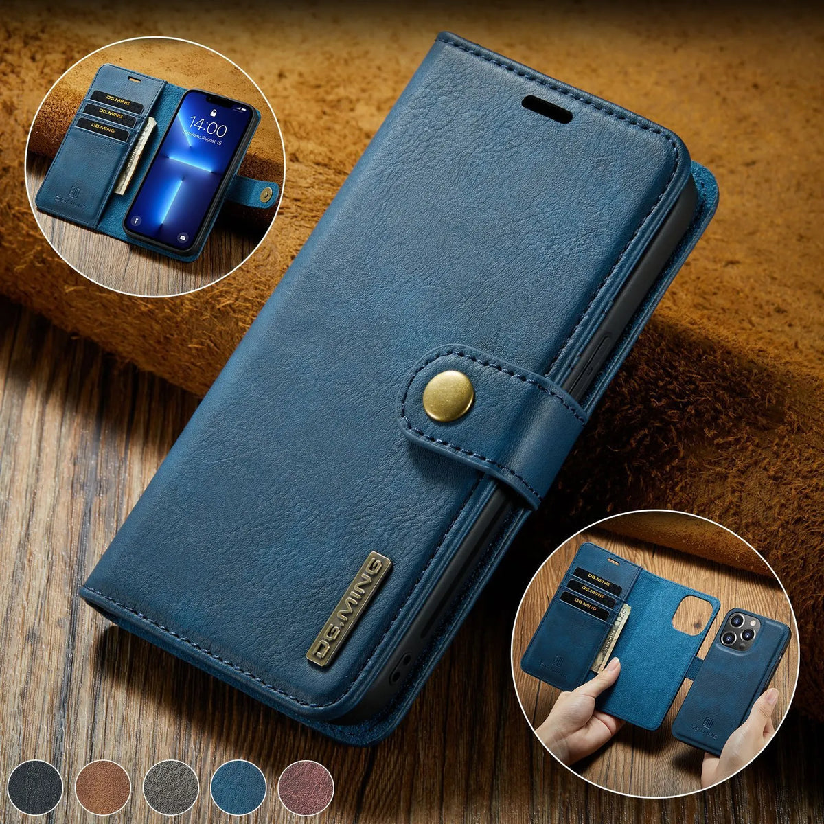 Split leather phone case with card slots and magnetic closure in black for iPhone