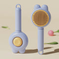 Green self-cleaning pet brush with release button and stainless steel comb on a white background.