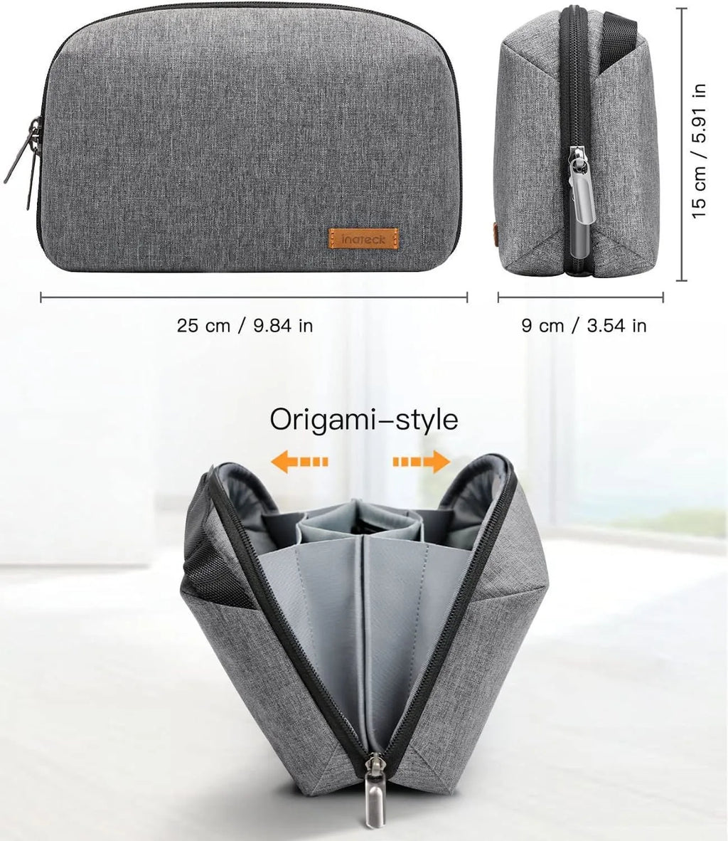 Grey polyester cylindrical storage bag for data cables and small electronics with sealing closure
