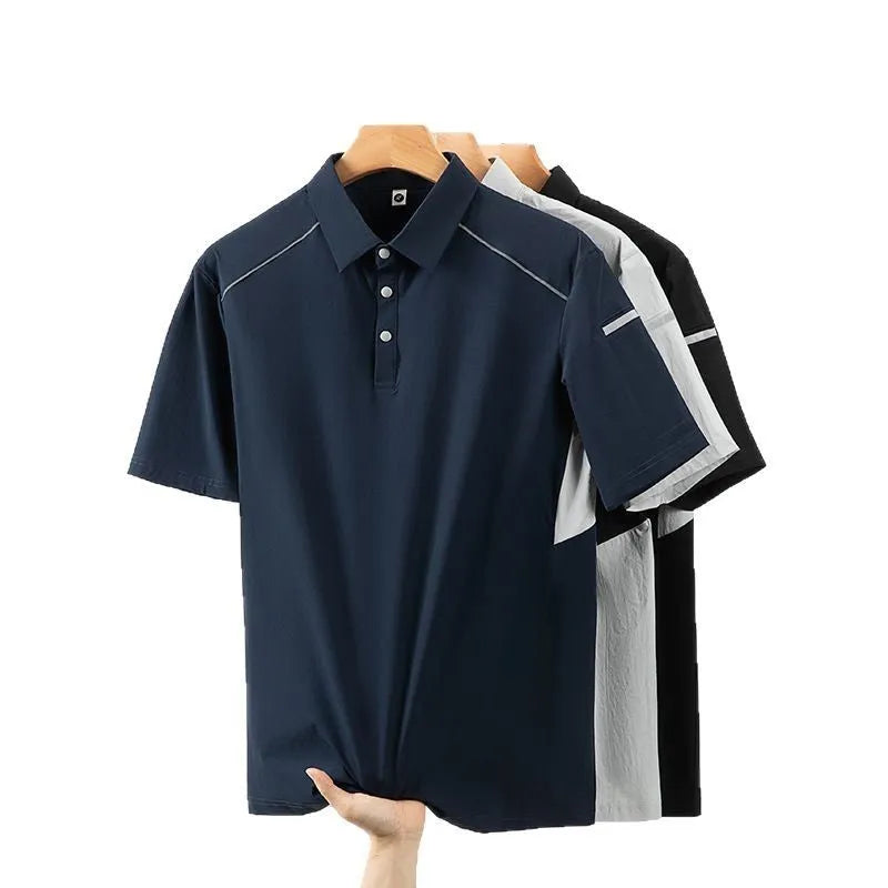 Men's silver grey quick-dry short sleeve work shirt with pencil case sleeves on a hanger.