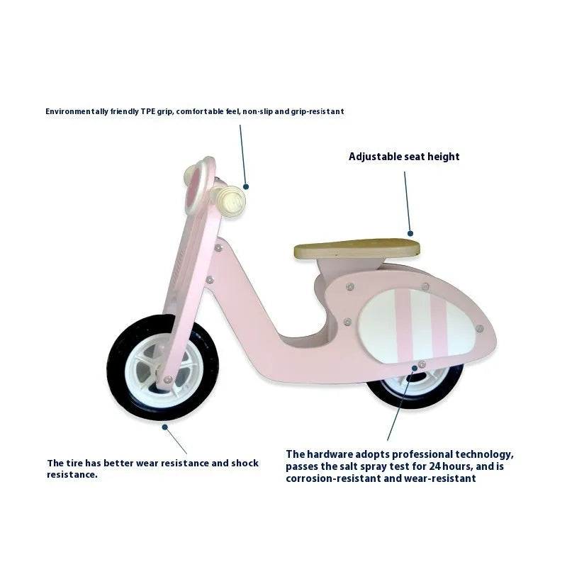 Pink wooden toddler balance scooter with 10-inch wheels for children aged 1-6 years.