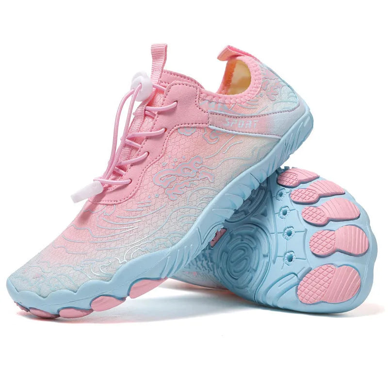 Outdoor hiking shoes with a front strap fastening and a non-slip sole with visible nails.