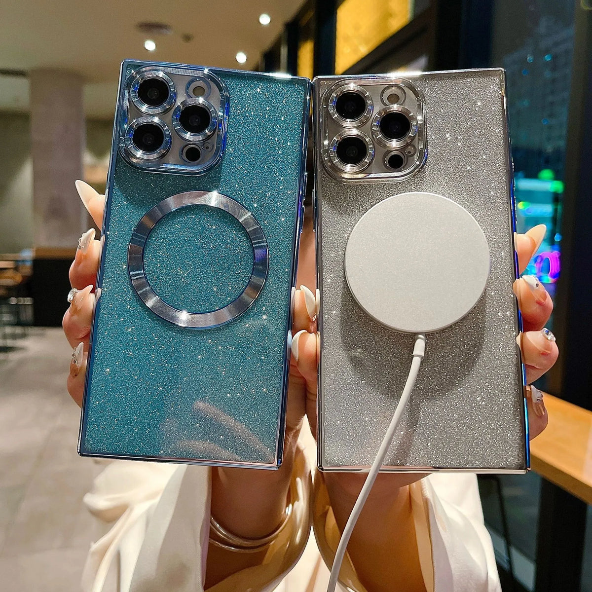 Square electroplated transparent solid colour magnetic phone case for iPhone, TPU PC, fall protection
