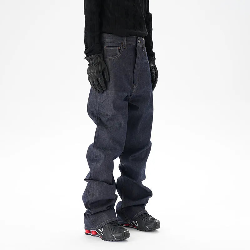Dark blue casual loose straight fit jeans with straight leg cut on mannequin