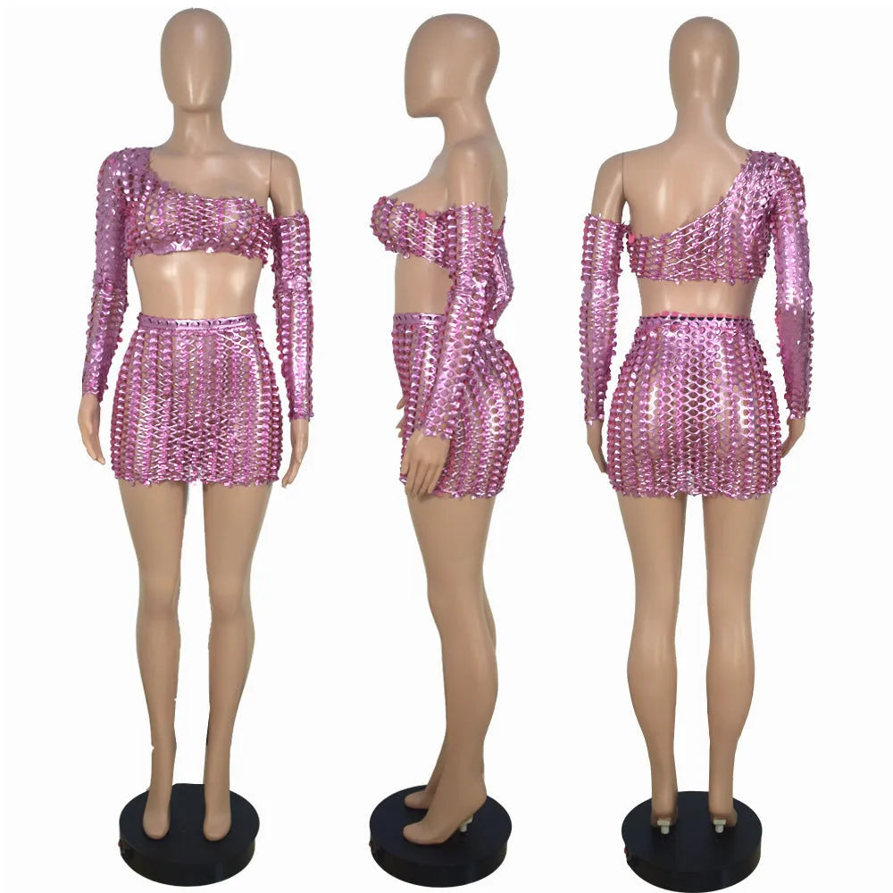 Women's sleeveless hollow-out two-piece dress set in elegant style, shown in available colours.