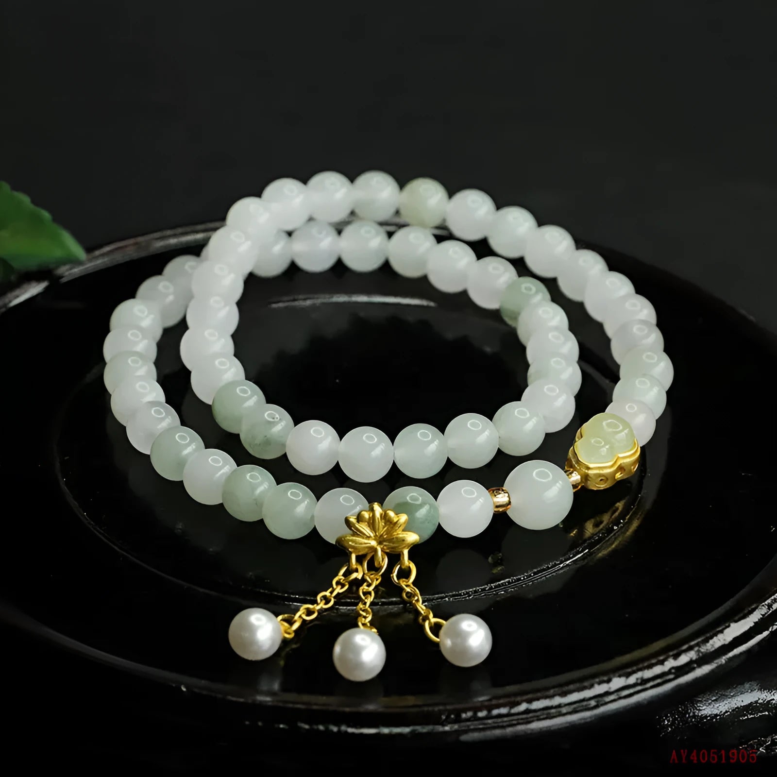 Jade double ring bracelet for women hand-woven Tianshan Cui 6mm beads geometric national style gourd lotus design
