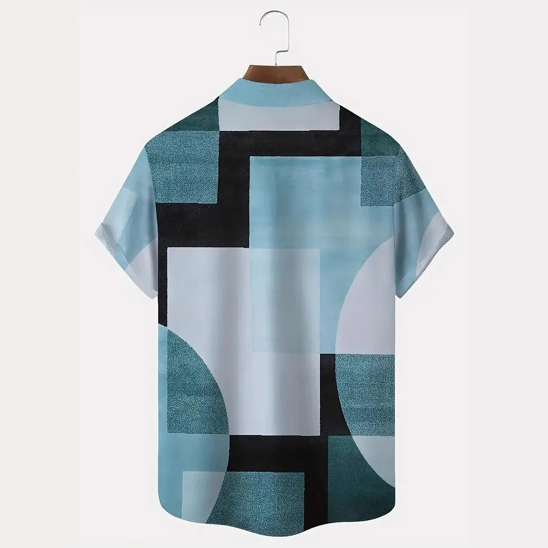 Men's loose cardigan shirt with retro geometric contrast colour 3D print on elastic polyester fabric
