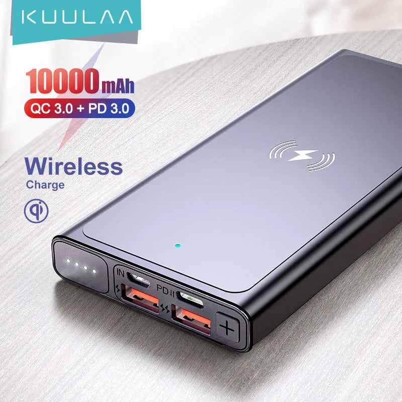Black and blue aluminium alloy power bank with 10000mAh capacity and integrated plug for wireless charging.