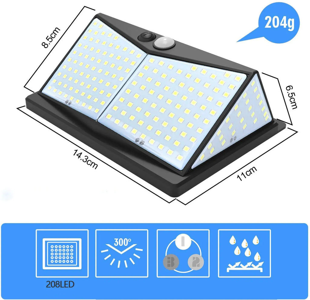 Solar wall lamp with 208 LEDs, motion sensor, and IP65 waterproof rating for garden and yard use.