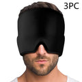 Black elastic cloth gel eye mask for headache relief shown with adjustable strap.
