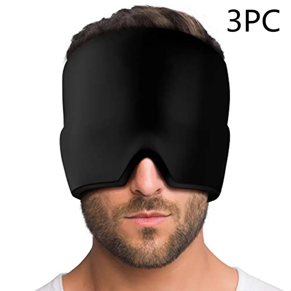Black elastic cloth gel eye mask for headache relief shown with adjustable strap.