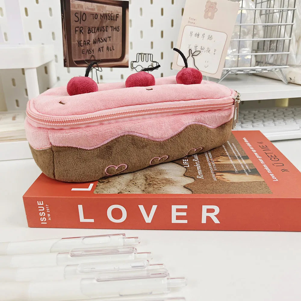 Cherry Cake coloured Korean style velvet plush pencil case.