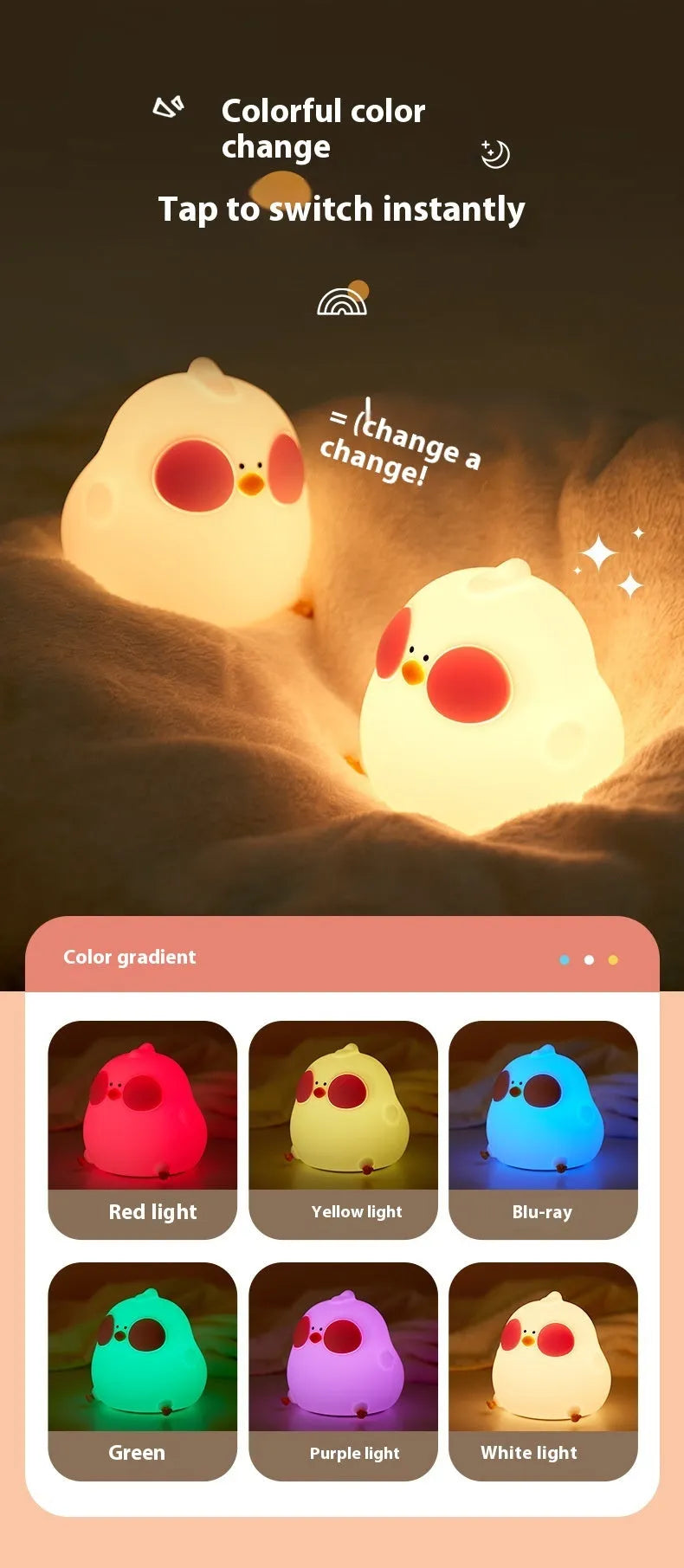 Cool chicken silicone night lamp with colourful glowing light and remote control