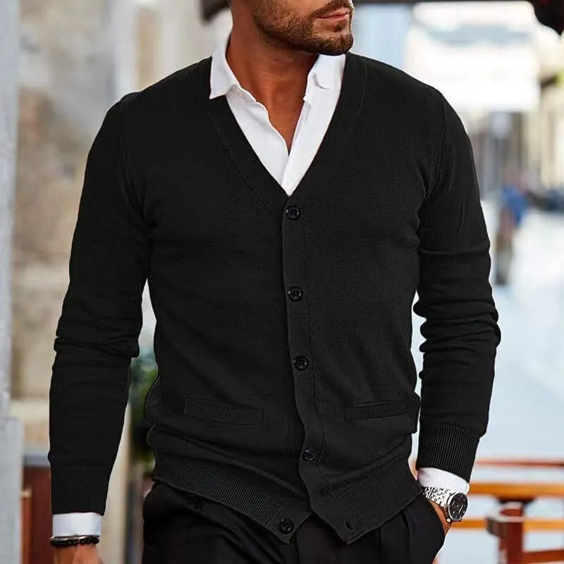 Men's slim fit acrylic cardigan sweater in creamy white colour, long sleeve for autumn winter.
