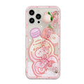 White silicone iPhone case with cartoon peach juice drink and bear design, shown with attached wrist strap.