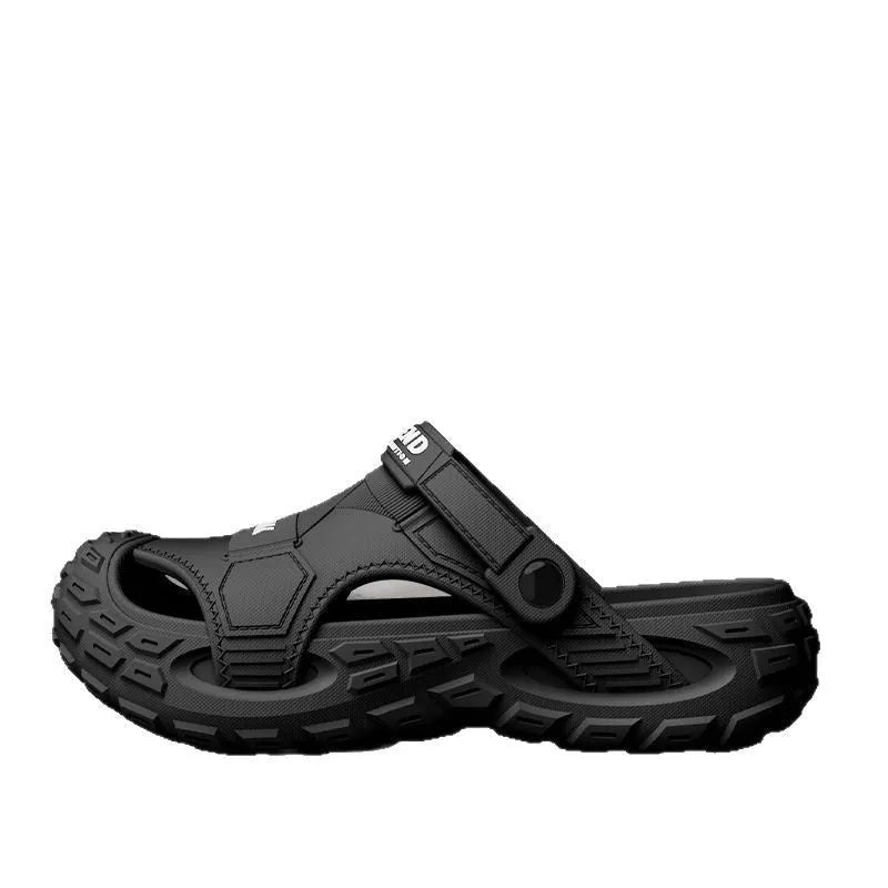 Men's khaki hollow-out EVA slippers with non-slip sole on a sandy beach