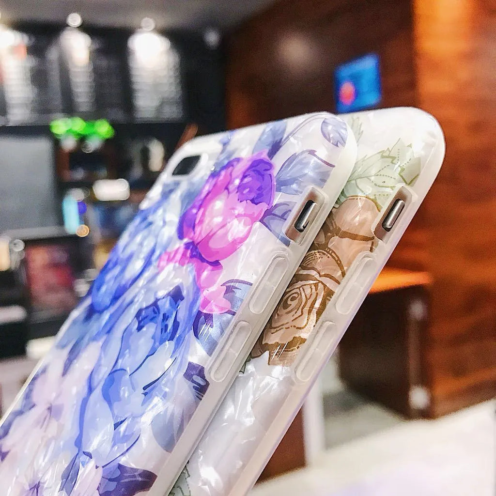Dream Shell soft TPU silicone iPhone case with rose flower back design in brown purple white colours