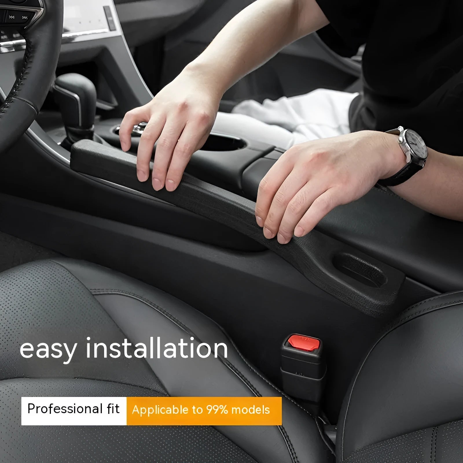 Car seat gap filler strip in polyresin with handle, shown in available colour options