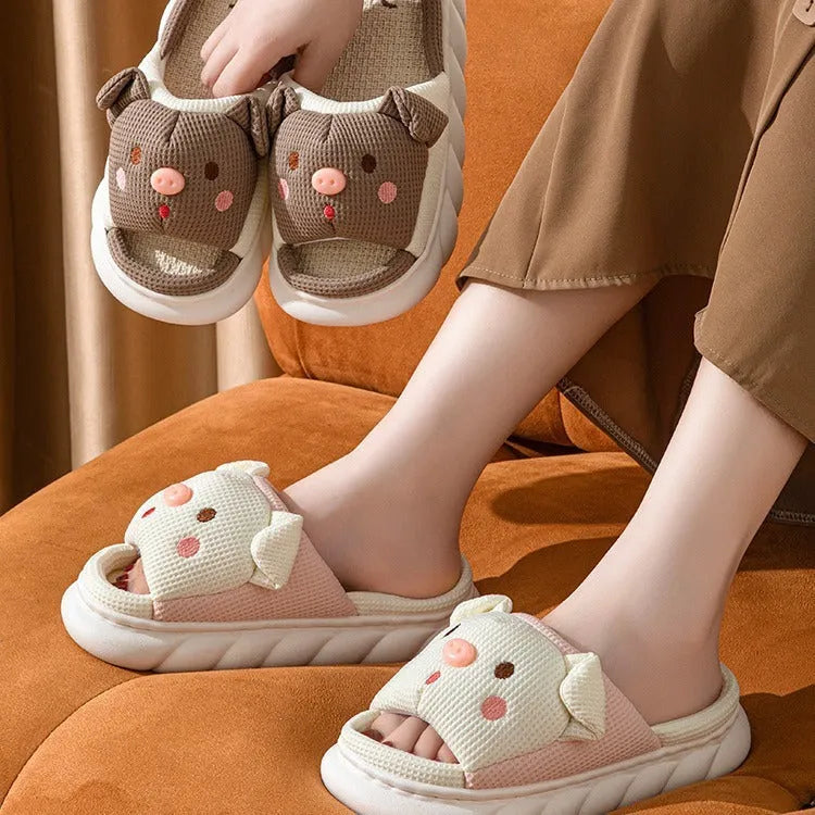 Open toe linen flip flop slippers for couples in four colours with PVC soles