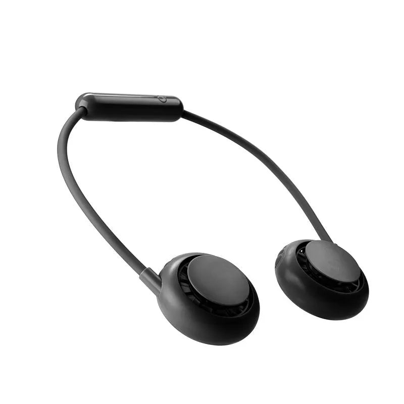 Mini lazy hanging neck fan in black, USB rechargeable leafless design for outdoor sports