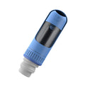 Dark blue portable dog water bottle with integrated bowl, shown with leak-proof cap.