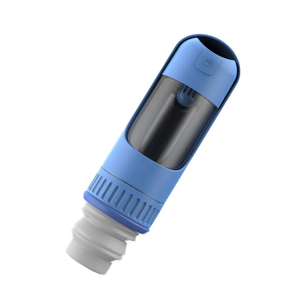 Dark blue portable dog water bottle with integrated bowl, shown with leak-proof cap.